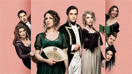 Eight Jane-Austen-style characters stare cheekily at the camera.