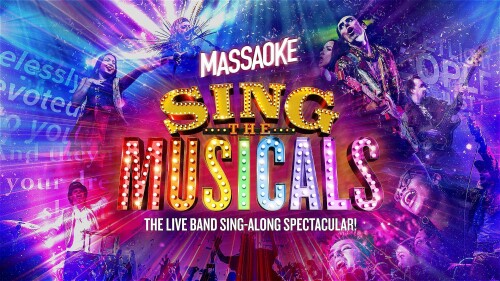 The show title is the focus of this image... MASSAOKE: SING THE MUSICALS, the live band sing-along spectacular. It is 3D-rendered logo decorated with theatrical lights and rainbow colours. Around the logo is a montage of energetic musicians and audience 