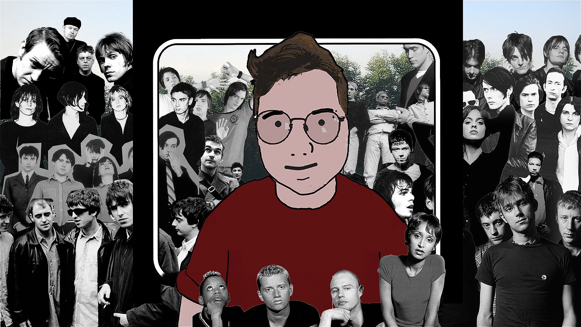 A stylised illustration of Marc Burrows, drawn in a simplified cartoon style reminiscent of The Best of Blur album cover, sits at the centre of the image. He wears glasses and a red shirt. Surrounding him is a collage of black-and-white cut-out photograp