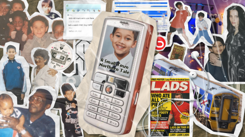 A newspaper collage with cut outs of lads magazines and old archive family photos. In the centre there is an old mobile phone with a small child smiling and the title of the show inside. 