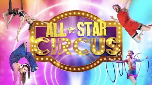 A multi coloured background. In each corner of the screen are 4 different circus performers doing stunts. In the middle of the screen there is a sign with light bulbs all around it which reads 'All Star Circus'