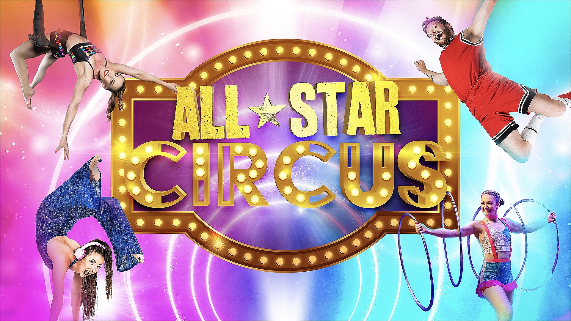A multi coloured background. In each corner of the screen are 4 different circus performers doing stunts. In the middle of the screen there is a sign with light bulbs all around it which reads 'All Star Circus'
