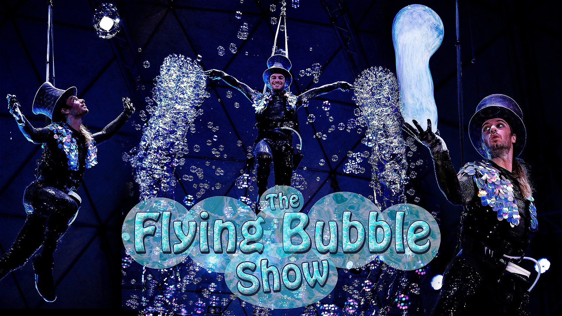 Maxwell the Bubbleologist is flying in the air making millions of bubbles