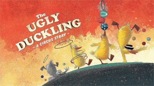 A sketch style illustration of three golden ducks walking up a hill, one is juggling while standing on one hand, one is balancing three balls on its beak, one is hula hooping. Behind them a grey duckling has fallen over and dropped their juggling balls. 