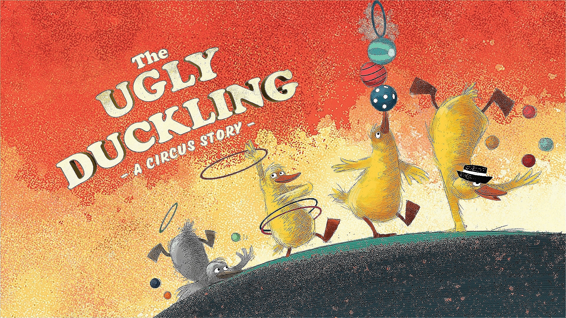 A sketch style illustration of three golden ducks walking up a hill, one is juggling while standing on one hand, one is balancing three balls on its beak, one is hula hooping. Behind them a grey duckling has fallen over and dropped their juggling balls. 