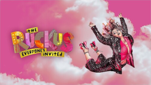 A woman dressed in a pink top and a sparkly pink suit and heels floats in front of pink clouds. There is large animated text on the left that says 