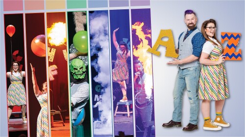 To the right of the image a man in jeans and a waistcoat holds a large gold letter A, and a woman in a rainbow striped dress holds an orange and blue zig-zag patterned letter Z To the left of this image, the same two people conduct a series of science de