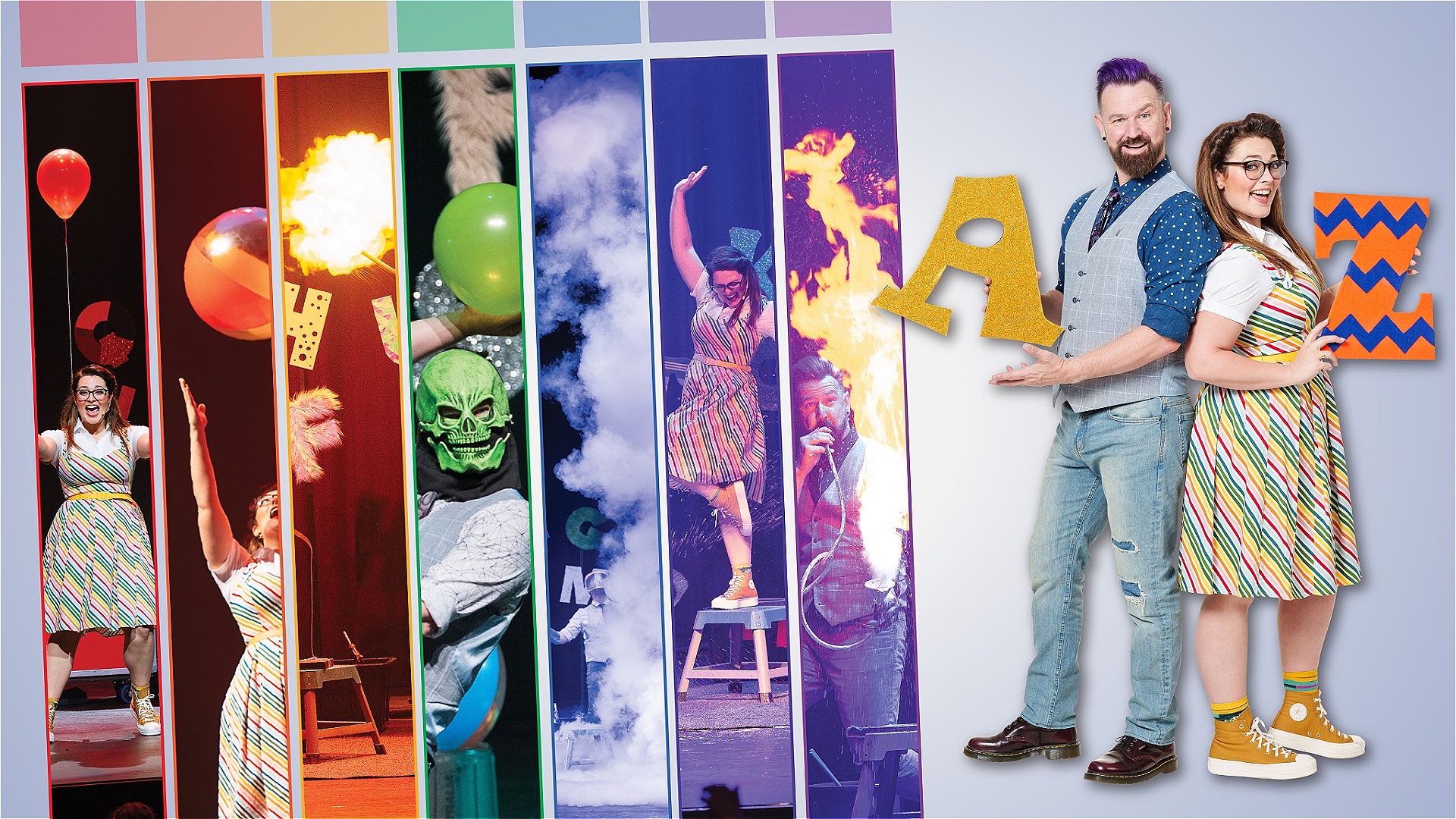 To the right of the image a man in jeans and a waistcoat holds a large gold letter A, and a woman in a rainbow striped dress holds an orange and blue zig-zag patterned letter Z To the left of this image, the same two people conduct a series of science de