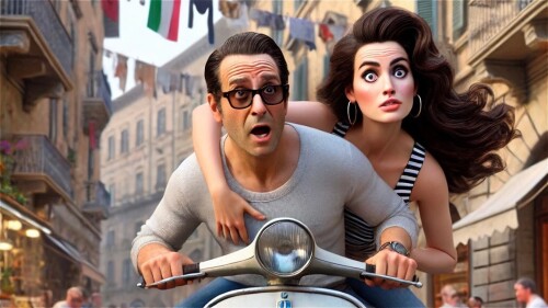 A brunette Italian lady wearing make up and circular earrings, and a stripes-patterned white and blue top and a dark haired Italian man wearing dark sungasses and a plain grey long sleeve shirt ride a blue vespa motorbike . In the background: houses, lau