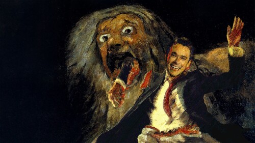 A digitally altered version of Goya’s “Saturn Devouring His Son,” featuring a smiling man in a suit (the performer) gleefully posing while being torn apart by the monstrous god Saturn. The image is absurd, theatrical, and darkly funny.