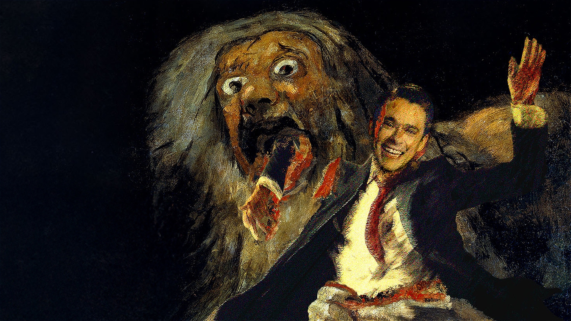 A digitally altered version of Goya’s “Saturn Devouring His Son,” featuring a smiling man in a suit (the performer) gleefully posing while being torn apart by the monstrous god Saturn. The image is absurd, theatrical, and darkly funny.