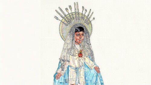 A drawing of a young Cecilia Gentili in an extravagant bejeweled outfit with a huge heart-inspired pendant and headpiece adorned with cutlery.