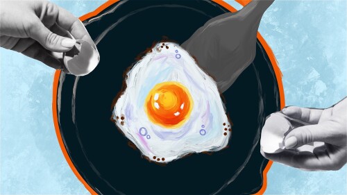 At the centre of the image is an illustrated egg being fried in a black and orange pan, against a light blue watercolour painted background. Coming in from the top left corner is a black and white photo of a hand holding half a cracked egg, and another c
