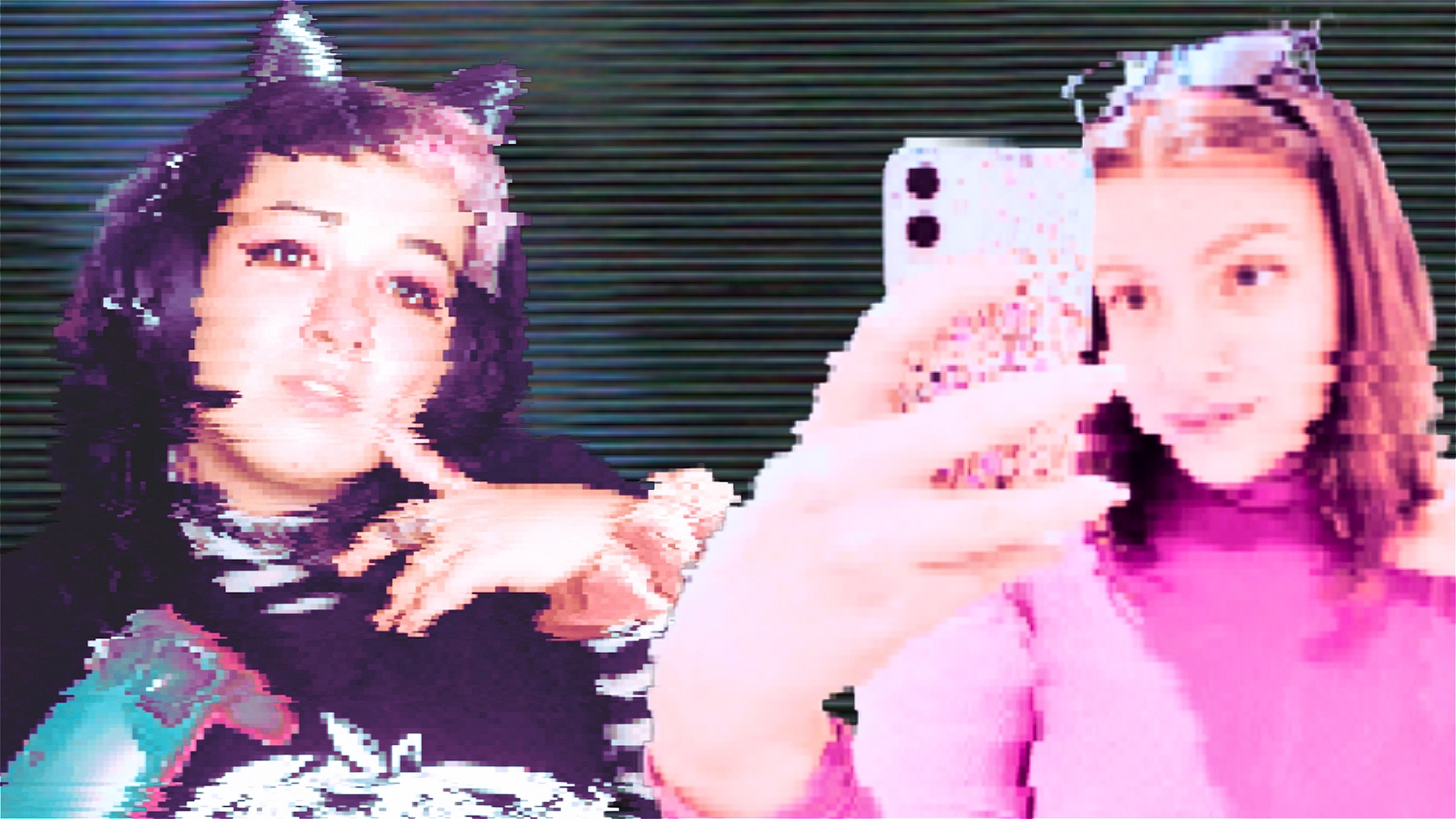 A pixellated image of two playable characters in a video game. The woman on the left is dressed as an 'e-girl' with black hair, catgirl headphones and holds a GameCube controller while posing seductively. The woman on the right is dressed in bright pink,