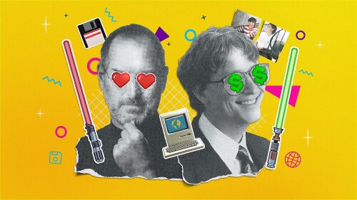 A yellow background with two cropped black and white images of two men on the front. small icons of a laptop, light savers, money signs and old photos swarm around them. 