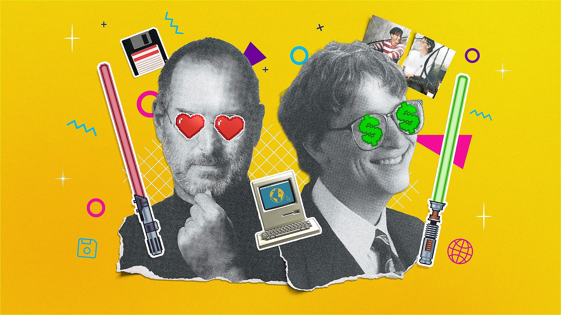 A yellow background with two cropped black and white images of two men on the front. small icons of a laptop, light savers, money signs and old photos swarm around them. 