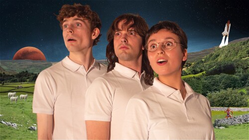 Three childlike astronauts in white school polo-neck t-shirts look on in awe. Behind them we see the Yorkshire Dales beneath a starry sky. A rocket takes off, the planet mars lies on the horizon, Cleggy, Compo, and the third one sit, whilst Dame Jessica 