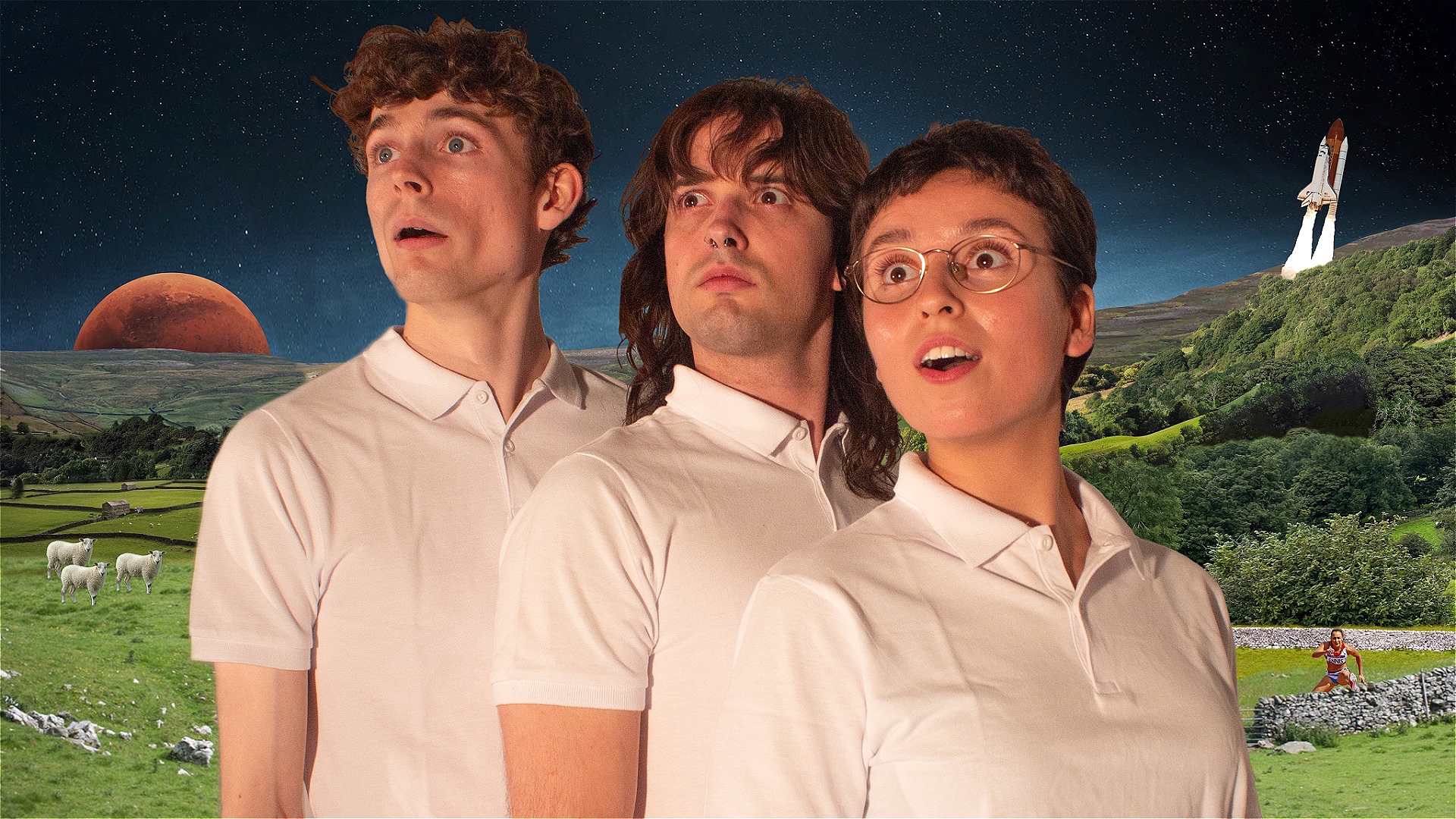 Three childlike astronauts in white school polo-neck t-shirts look on in awe. Behind them we see the Yorkshire Dales beneath a starry sky. A rocket takes off, the planet mars lies on the horizon, Cleggy, Compo, and the third one sit, whilst Dame Jessica 