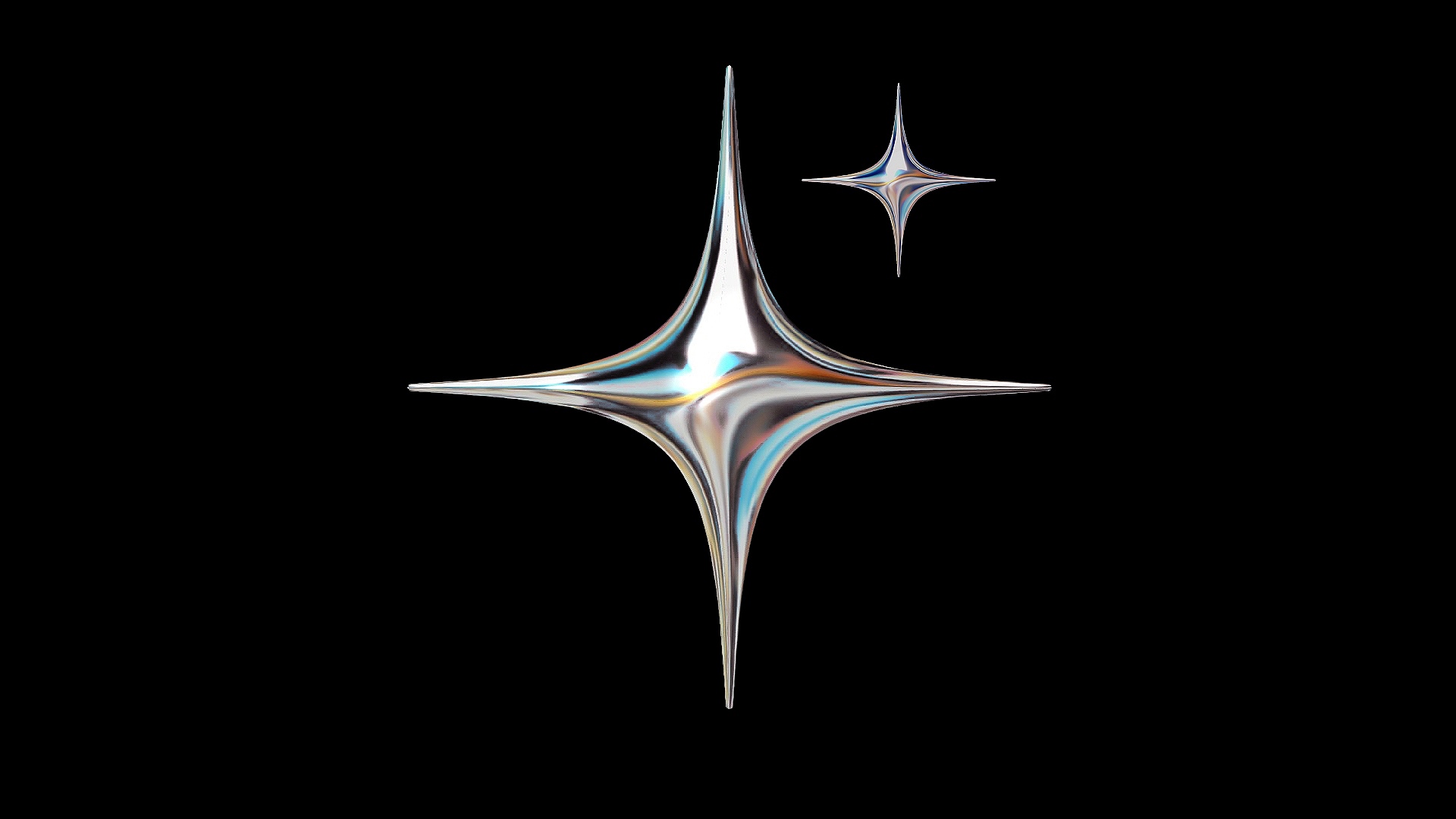 A metallic star on a black background with one smaller metallic star above it to its right.