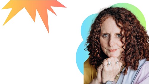 Maggie O'Farrell in the right hand corner. she has red curly hair and is wearing lots of silver rings. 