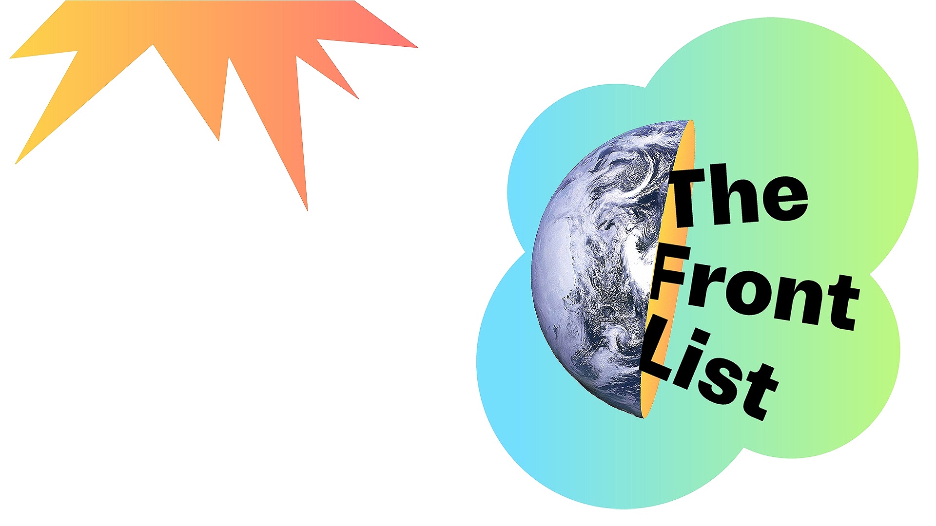 Image  of a white background with two colourful shapes and text that says The Front List