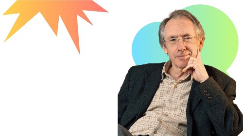 A photo of Ian Mcewan against a white backdrop. 