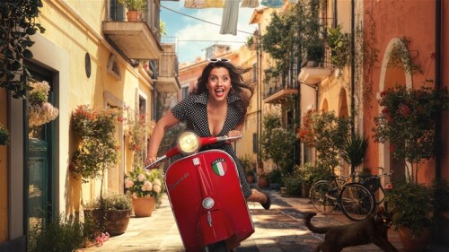 A woman on a red motorcycle with a backdrop of a street in italy