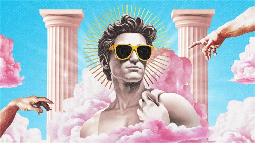 The statue of David, wearing sunglasses and featuring a saintly halo, sits in front of two Doric columns, surrounded by pink clouds and a blue background.