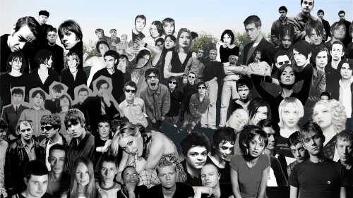 A black and white collage of british pop icons