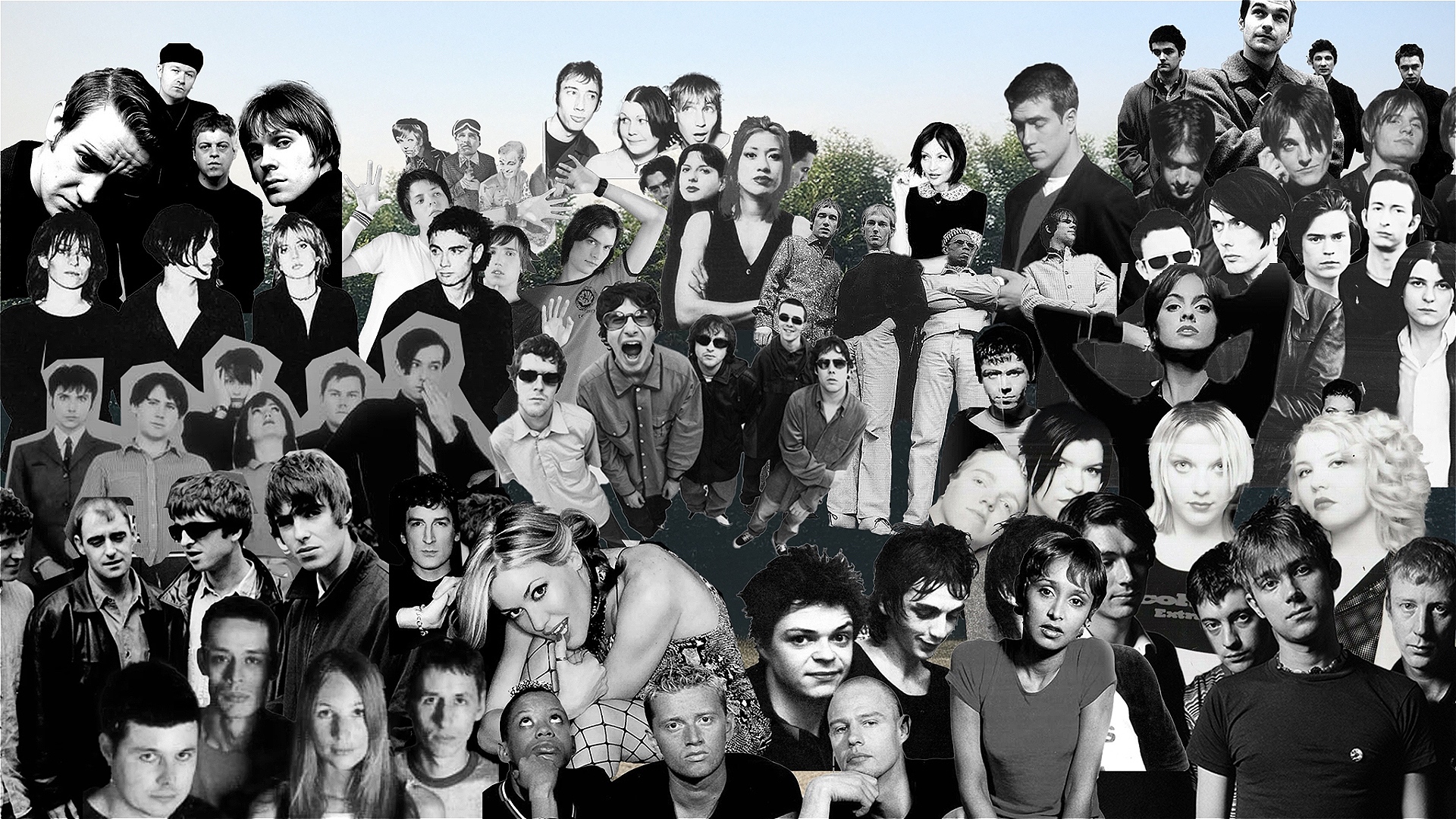 A black and white collage of british pop icons