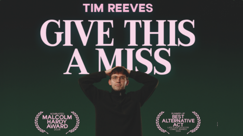 Tim Reeves holds his hands behind his head and looks into the camera. There is a green background with the show title above Tim in pink font. 