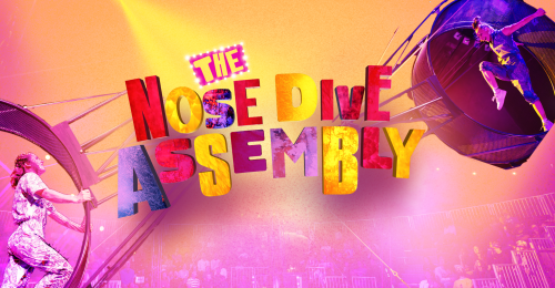 The wheel of death is at both sides of the image, an acrobat is in each wheel and the title reads 'The Nose Dive Assembly' in colourful text 