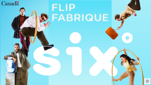 5 members of FLIP fabrique are scattered around the page doing tricks with hoops. There is a baby blue background and in the centre of the page is the company name in white. 
