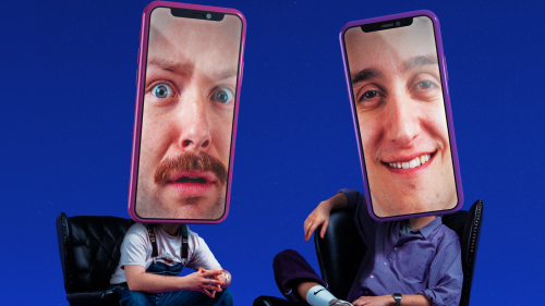two men sit on a large black leather armchair, they have phones for heads and their faces are on the screens of the phone 
