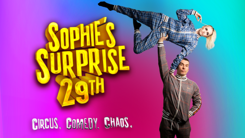 One man stands legs akimbo, arms open, he stares into the darkness. Above him a woman is suspended in the air. Separately they are just 2 people in funny positions, together they are circus.