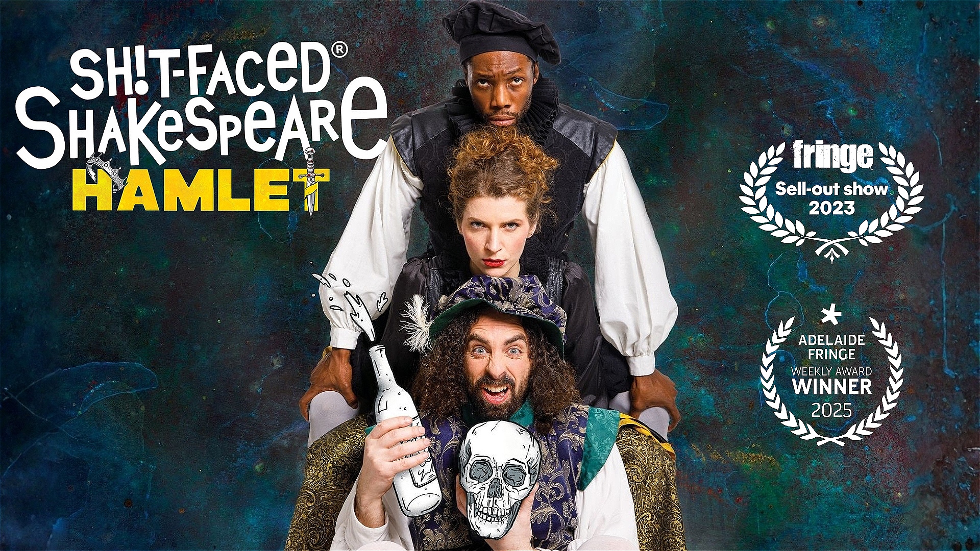 Colourful promotional image for Sh!t-Faced Shakespeare: Hamlet. A drunk Hamlet grins at the front in full Shakespearean costume, holding a skull in one hand and a bottle of wine in the other. Queen Gertrude stands just behind him, while King Claudius tow