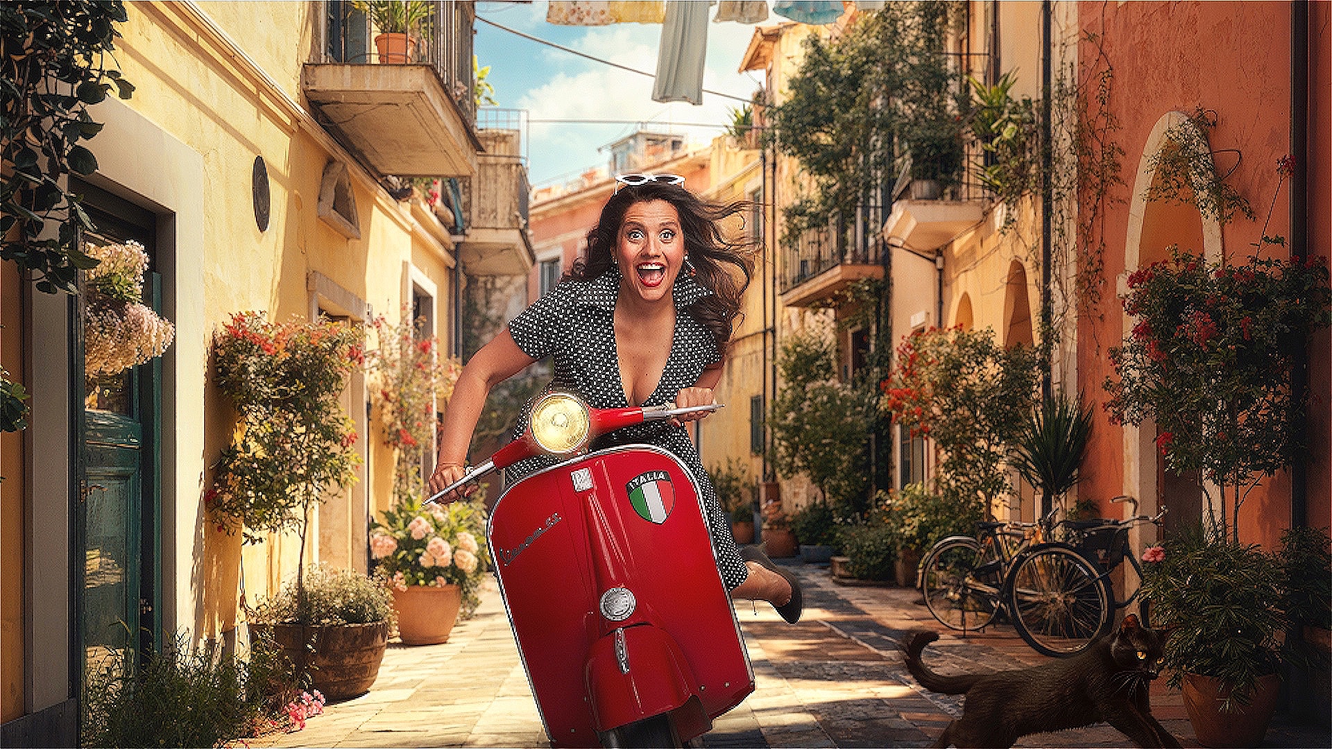 Stefania Licari rides down an Italian street on a red vespa scooter