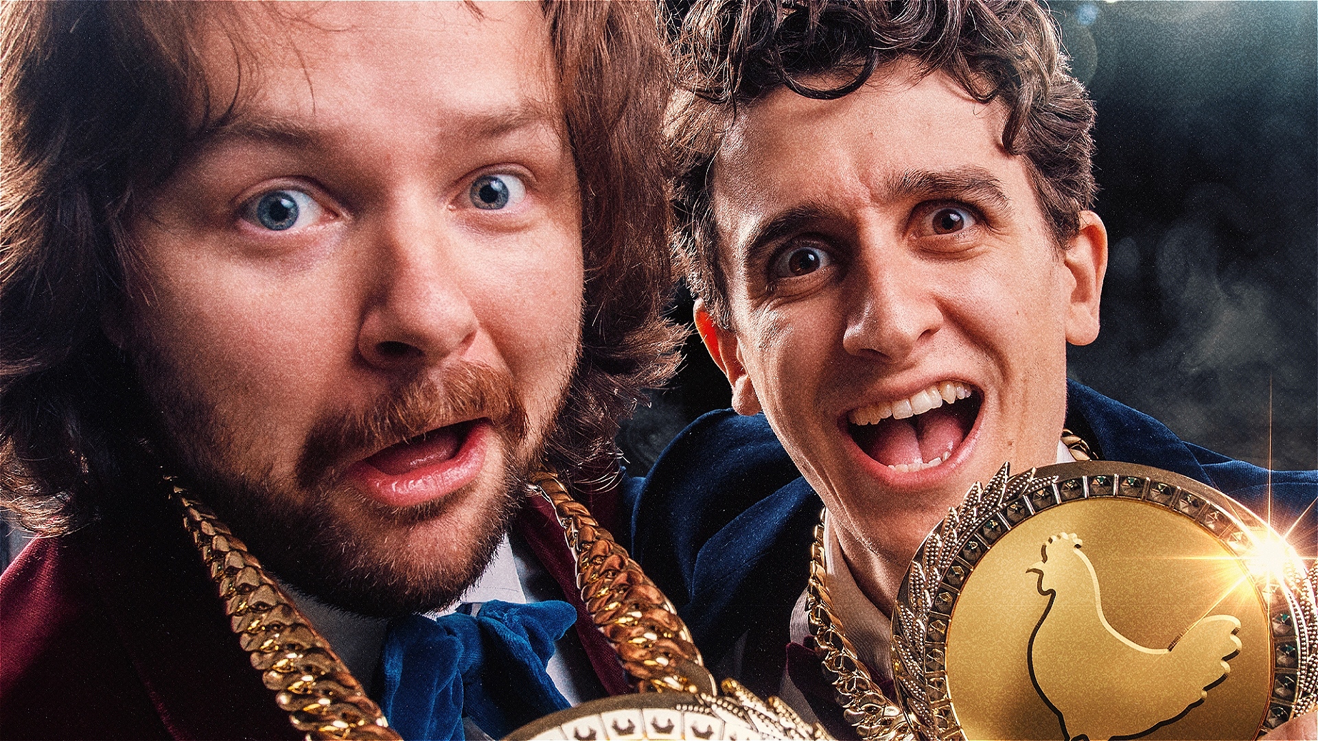 Will and Noah, wearing red and blue suits, excitedly present their chicken medals