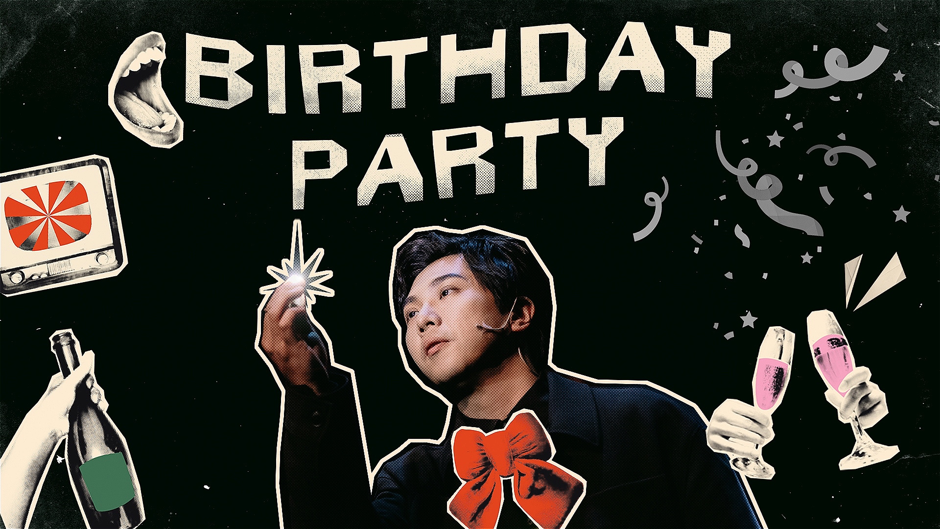 'Birthday party' text at the top and underneath a performer wearing a black shirt and a red bow tie. Around him are illustrations of champagne bottles, glasses and television screens. 