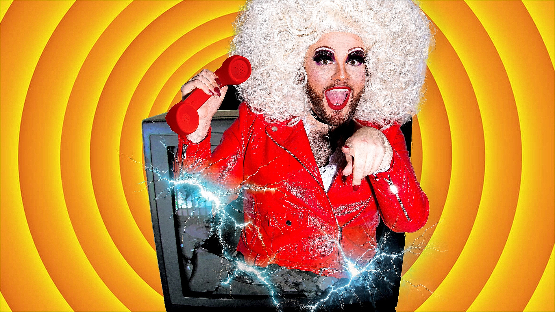 Crudi Dench, a drag queen with a large curly white wig and a brown beard is bursting out of an old television screen, sending sparks out around the shattered glass. She is smiling and holding a red telephone while pointing at the viewer.