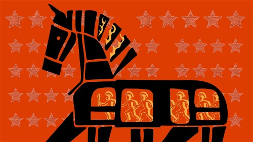 Illustration of a burning Trojan Horse filled with soldiers, set against an orange background with stars.