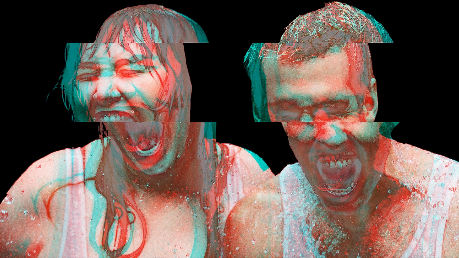 Glitchy image of writer-performers Drew Reilly and Ashley Blair screaming
