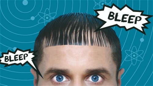 A human robot with a perfectly symmetrical face and piercing blue eyes, staring directly at the viewer. A speech bubble above its head reads 'Bleep Bleep'.
