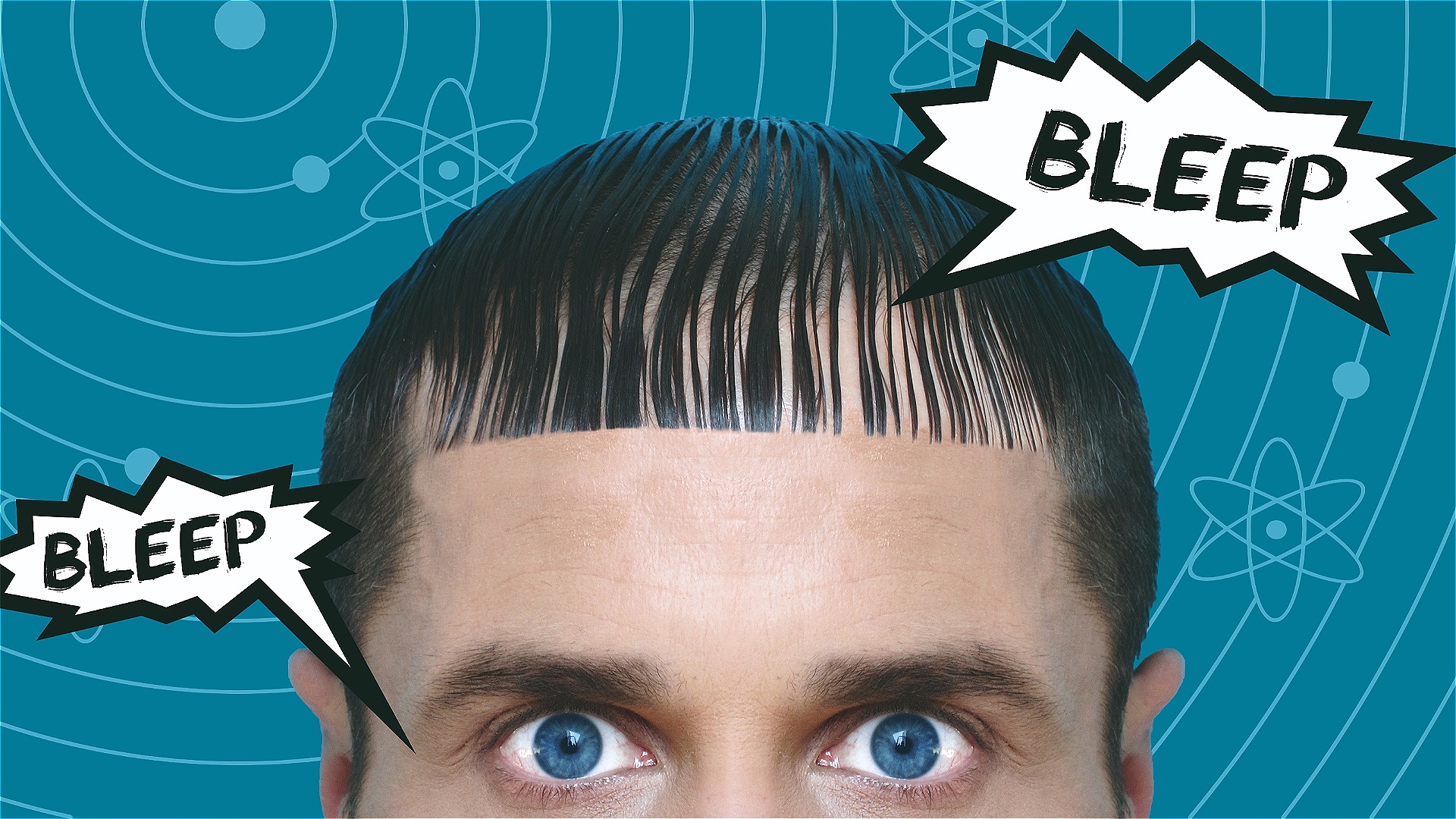 A human robot with a perfectly symmetrical face and piercing blue eyes, staring directly at the viewer. A speech bubble above its head reads 'Bleep Bleep'.