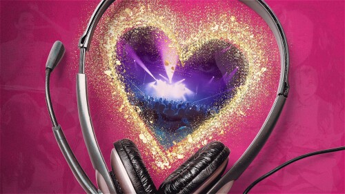 A pair of black headphones on a pink background surrounding a purple heart with glittering gold edges. There are faint production images of the lead character in the pink background and Britney Spears' eyes in the purple heart.