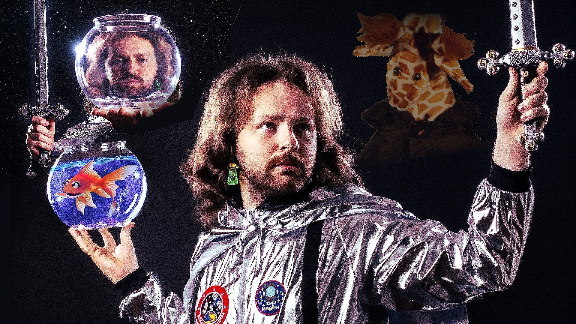 Will BF, dressed in a silver space suit, holds a sword in their left hand and a fish bowl (with a fish in it) in their right. A smaller Will BF looks on, as a strange giraffe-like creature.