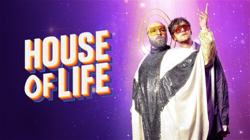 A glittery raverend is in front of a tall ginger man. The title House Of Life is across the image.