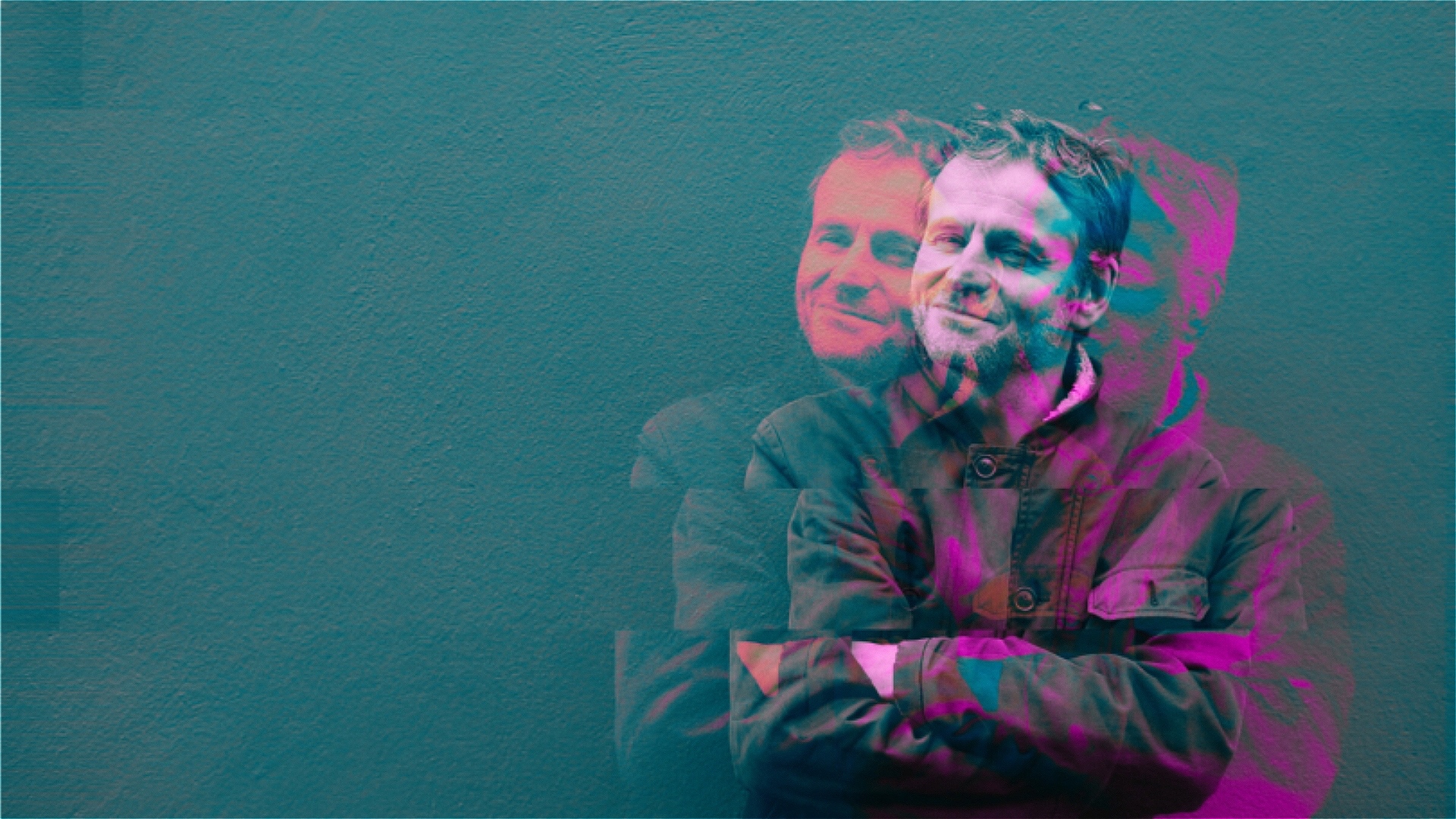 An image of Will Adamsdale smiling wryly with his arms folded, against a green background, with computer generated copies of his image superimposed.