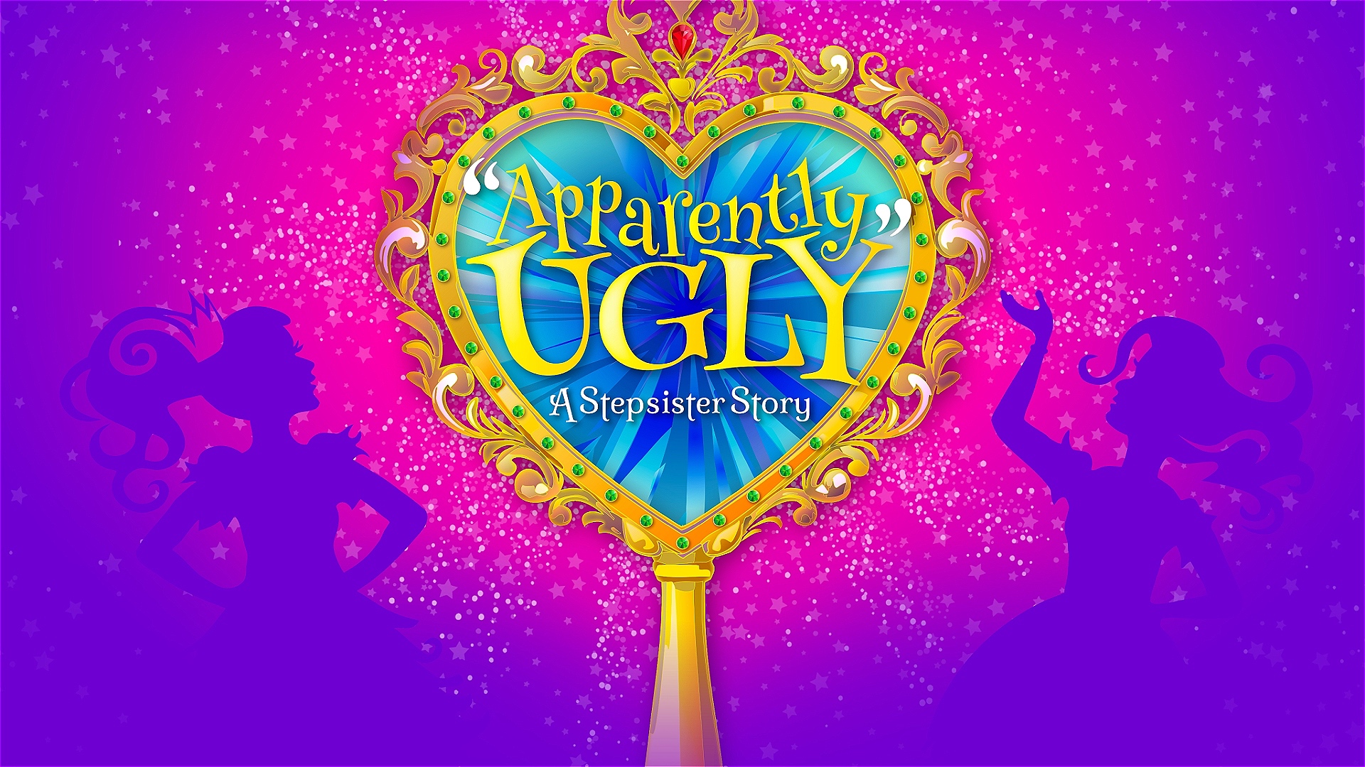 A handheld mirror with the title displayed, and 2 outlines to represent the sisters.