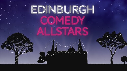 A silhouette illustration depicts the Udderbelly venue, with its iconic shape as an upside-down cow, draped in lights and bordered by trees against a night sky. The words Edinburgh Comedy Allstars are illuminated above as if in neon lights.